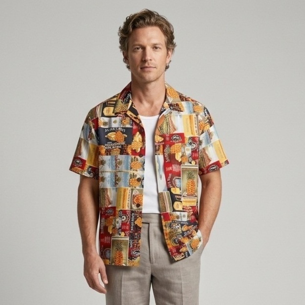 Hilo Hattie Mens Pineapple Crate Label Hawaiian Aloha Shirt Multicolor‎ Medium